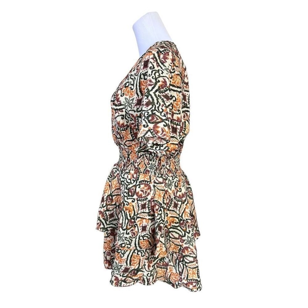 Zara AOP Ikat Print Tiered Elastic Waist Dress Tan Green Tribal MEDIUM Boho Chic - Picture 3 of 10